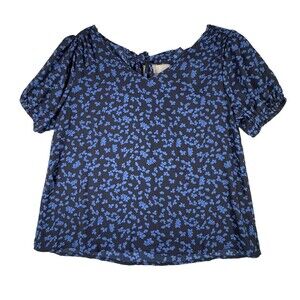 Lush Shirt Medium Blue Micro Floral Flower Michelle Tie Back Blouse Boho Peasant